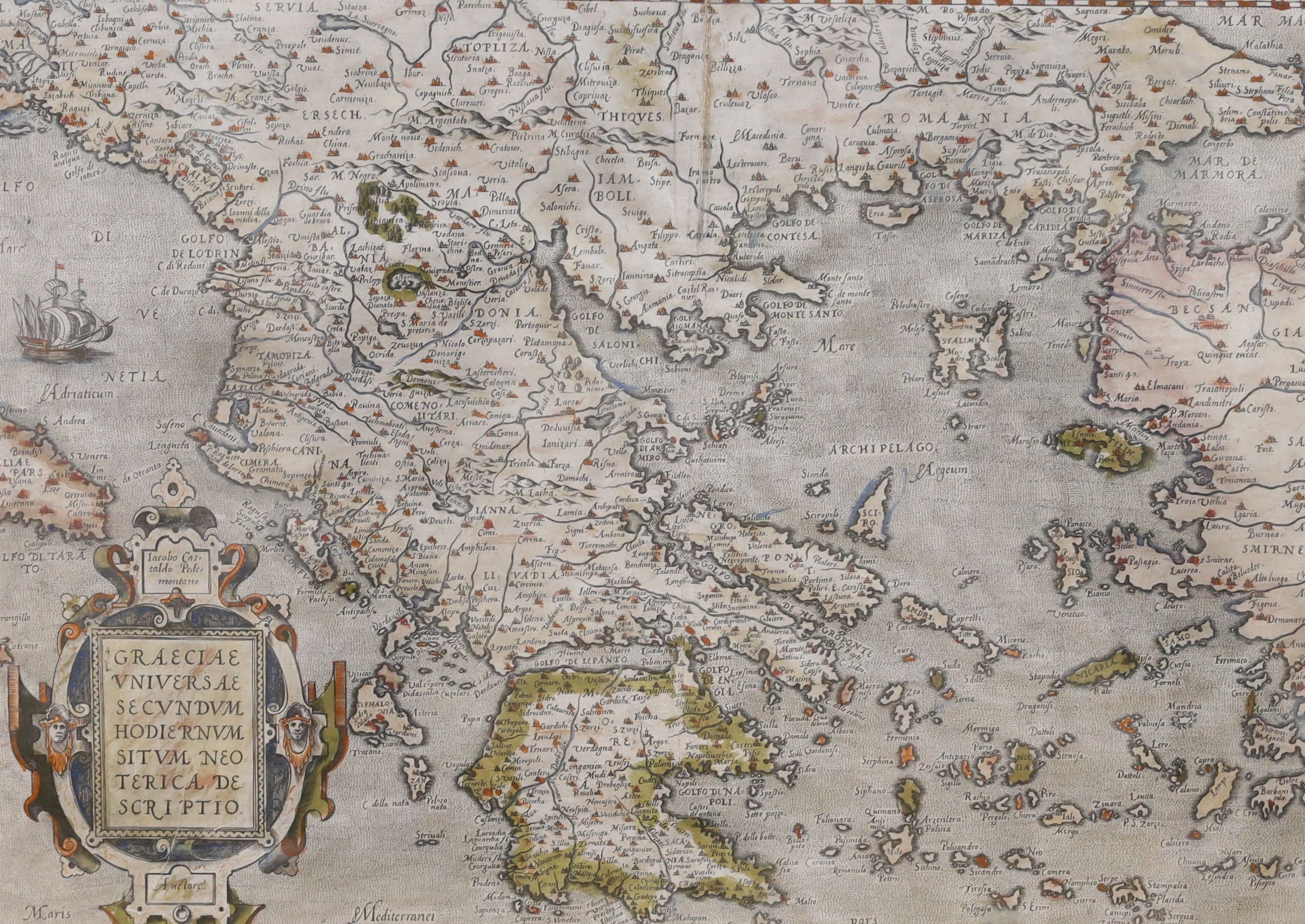 Jacobo Castaldo Pelemontano, coloured engraving, Map of Graeciae Universae, 36 x 51cm